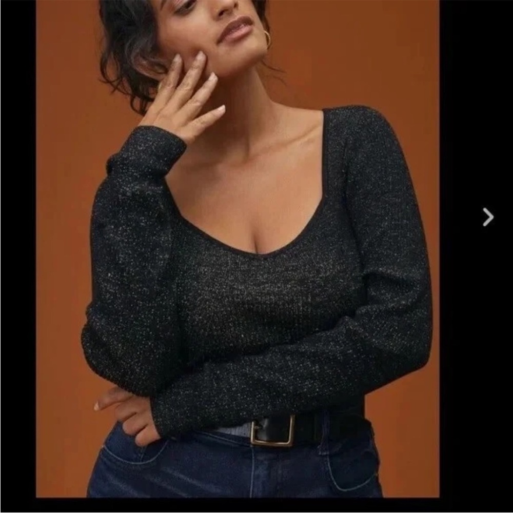 Anthropologie Sweetheart Ribbed Black Gold Lurex Sweater Stretch Long Sleeve XS